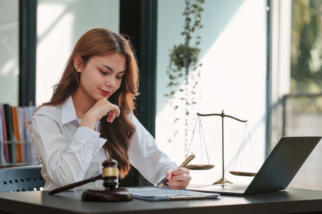 A girl reading about online notary services